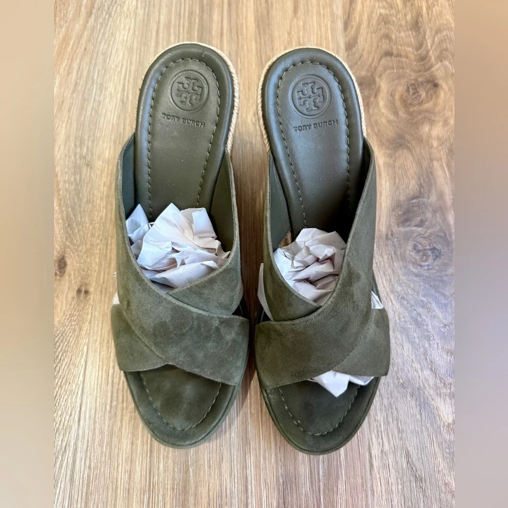 Tory Burch Green Suede Espadrille Platform Slide Sandals